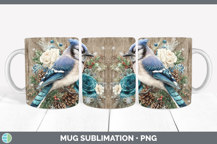 Blue Jay Birds 01 Rustic Christmas Mug Wrap Sublimation Desi