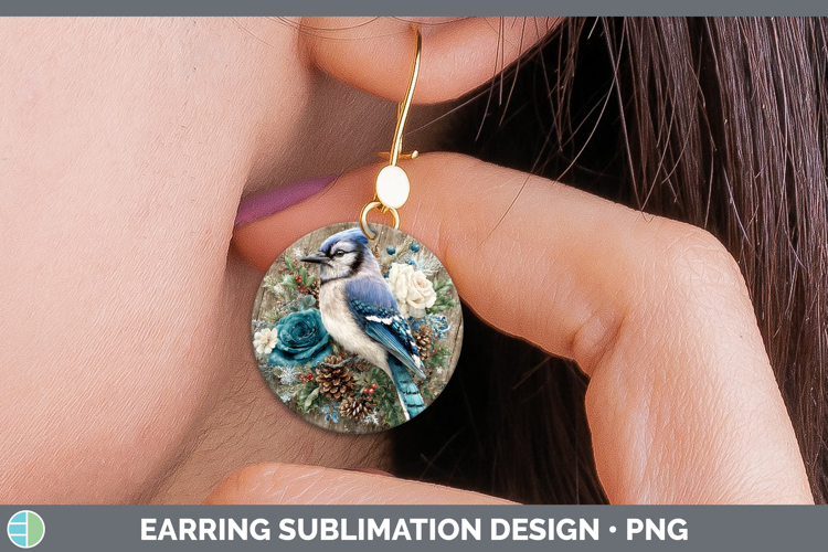 Blue Jay Birds 01 Rustic Christmas Round Earrings Sublimatio