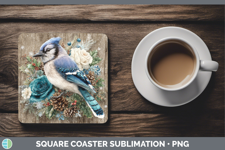 Blue Jay Birds 01 Rustic Christmas Square Coaster Sublimatio
