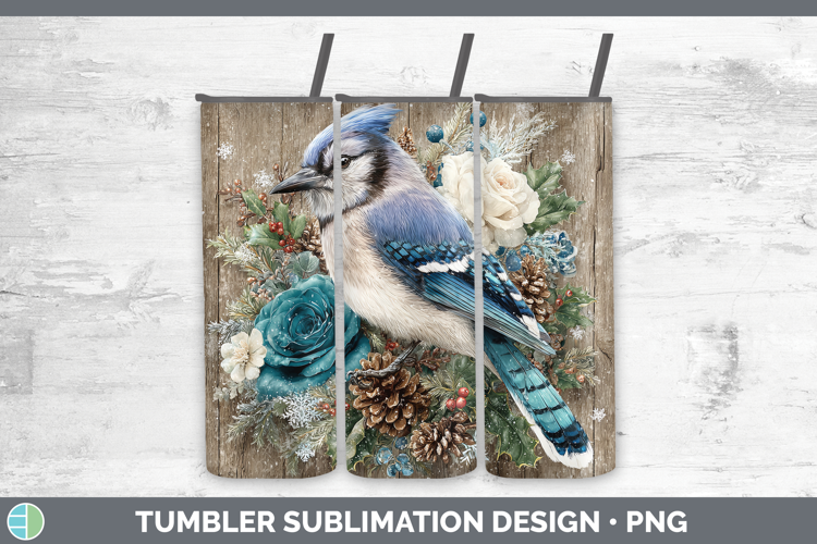 Blue Jay Birds 01 Rustic Christmas Tumbler Sublimation Desig