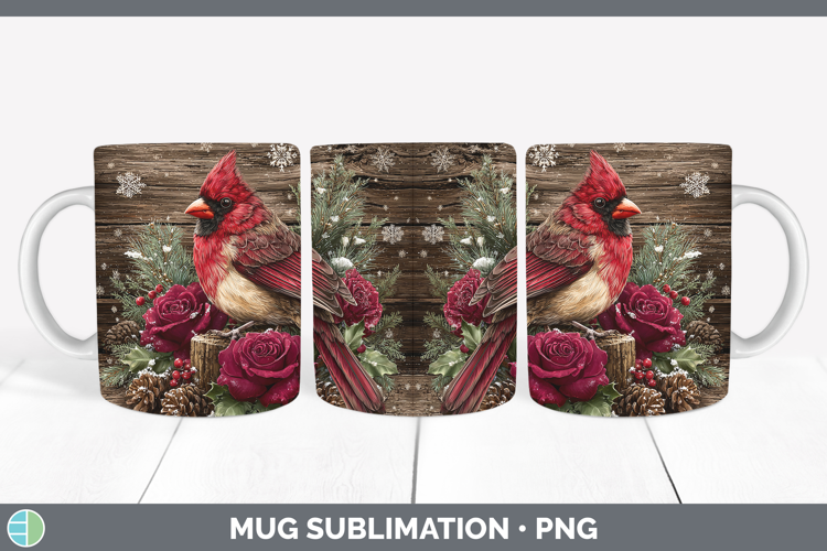 Cardinal Birds 01 Rustic Christmas Mug Wrap Sublimation Desi