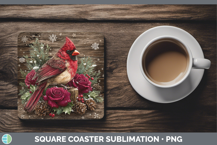 Cardinal Birds 01 Rustic Christmas Square Coaster Sublimatio