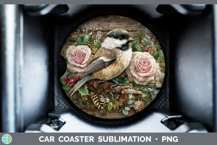 Chickadee Birds 01 Rustic Christmas Car Coaster Sublimation