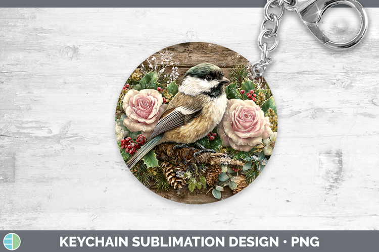 Chickadee Birds 01 Rustic Christmas Keychain Sublimation Des