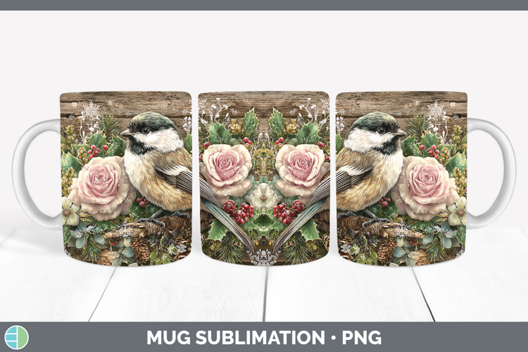 Chickadee Birds 01 Rustic Christmas Mug Wrap Sublimation Des