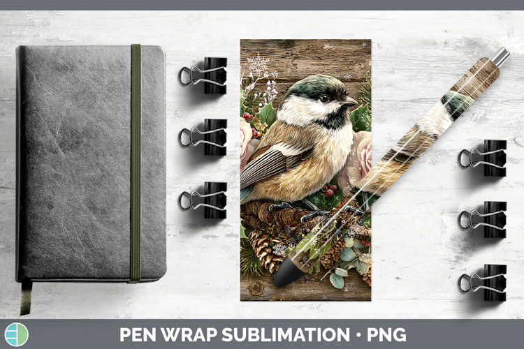 Chickadee Birds 01 Rustic Christmas Pen Wrap Sublimation Des