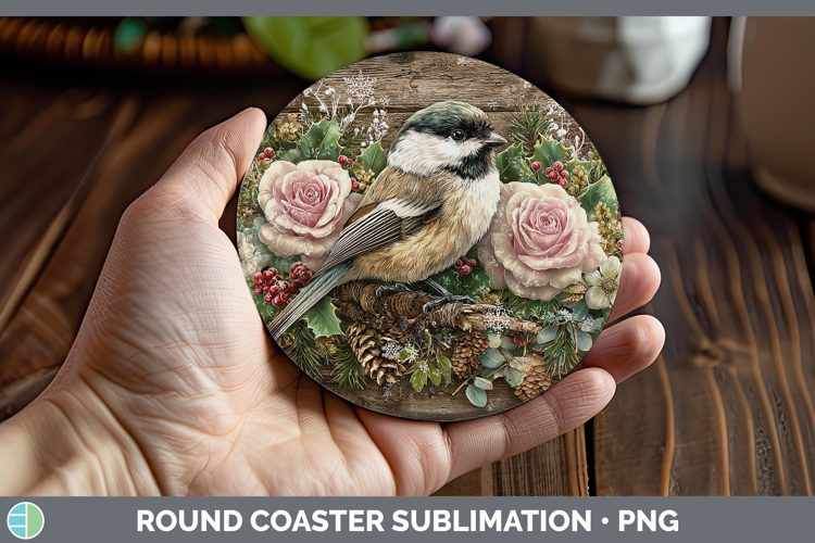 Chickadee Birds 01 Rustic Christmas Round Coaster Sublimatio