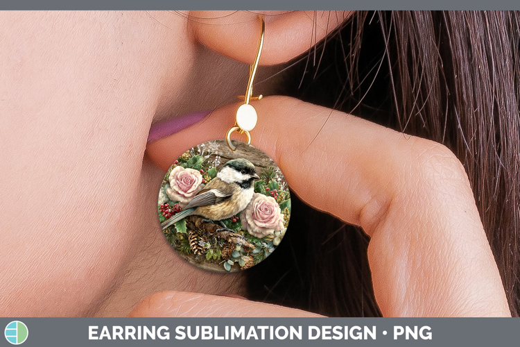 Chickadee Birds 01 Rustic Christmas Round Earrings Sublimati