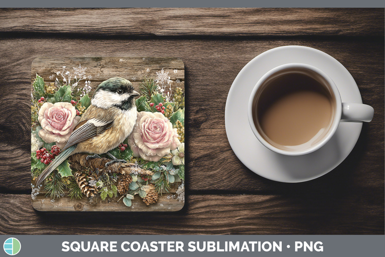Chickadee Birds 01 Rustic Christmas Square Coaster Sublimati