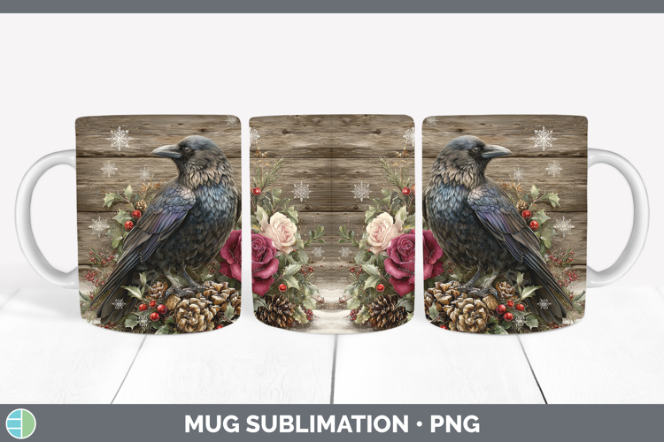 Crow Birds 01 Rustic Christmas Mug Wrap Sublimation Design