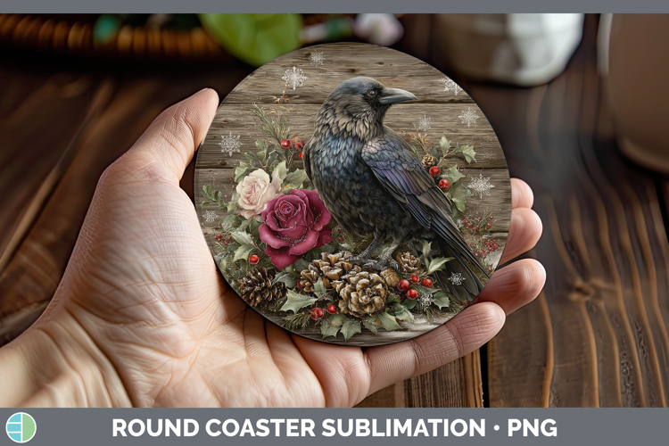 Crow Birds 01 Rustic Christmas Round Coaster Sublimation Des