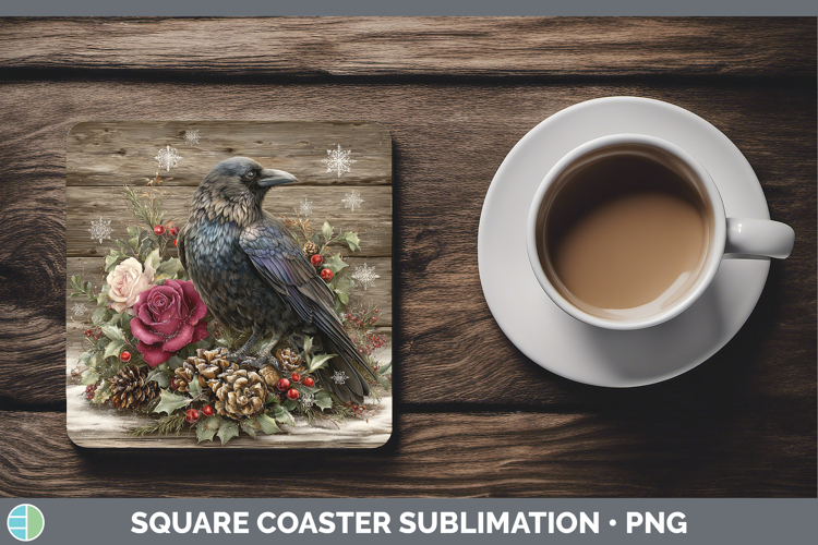 Crow Birds 01 Rustic Christmas Square Coaster Sublimation De
