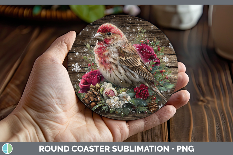 Finch Birds 01 Rustic Christmas Round Coaster Sublimation De