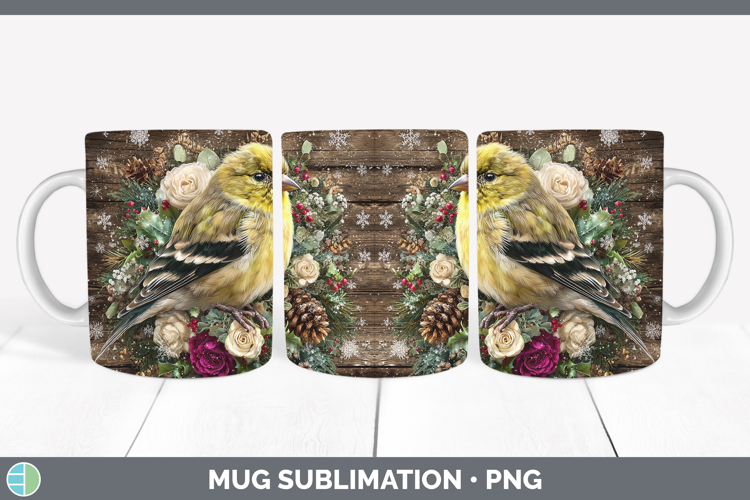 Goldfinch Birds 01 Rustic Christmas Mug Wrap Sublimation Des