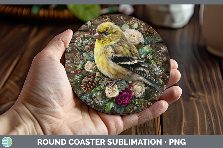 Goldfinch Birds 01 Rustic Christmas Round Coaster Sublimatio