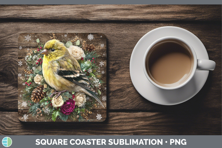 Goldfinch Birds 01 Rustic Christmas Square Coaster Sublimati