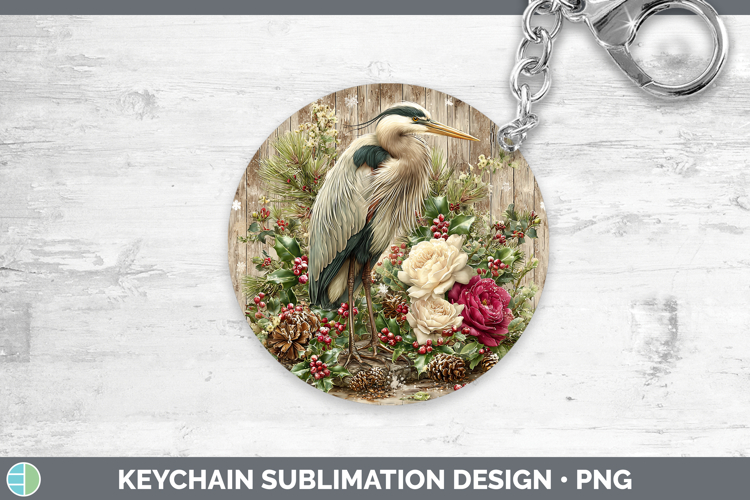 Great Blue Heron Birds 01 Rustic Christmas Keychain Sublimat