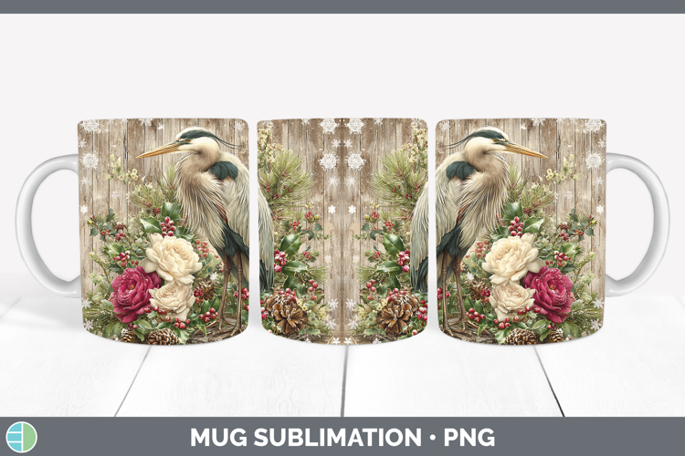 Great Blue Heron Birds 01 Rustic Christmas Mug Wrap Sublimat