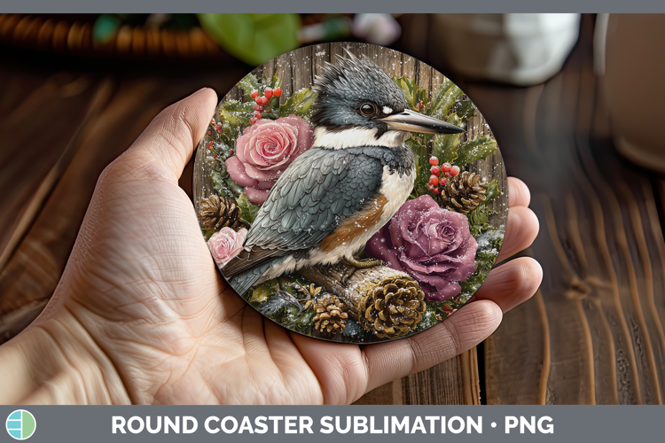 Kingfisher Birds 01 Rustic Christmas Round Coaster Sublimati