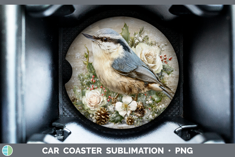 Nuthatch Birds 01 Rustic Christmas Car Coaster Sublimation D