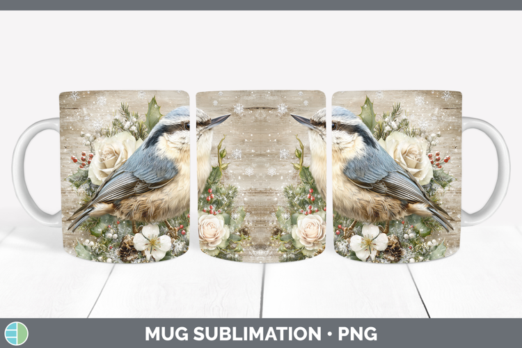 Nuthatch Birds 01 Rustic Christmas Mug Wrap Sublimation Desi