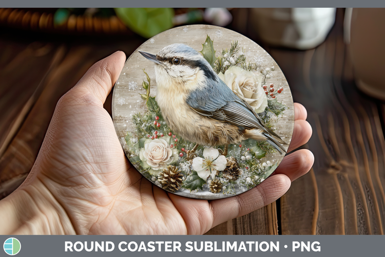 Nuthatch Birds 01 Rustic Christmas Round Coaster Sublimation