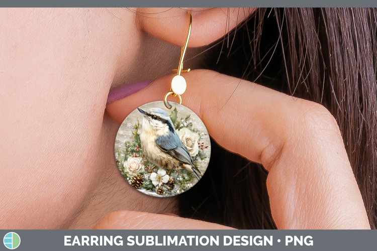 Nuthatch Birds 01 Rustic Christmas Round Earrings Sublimatio