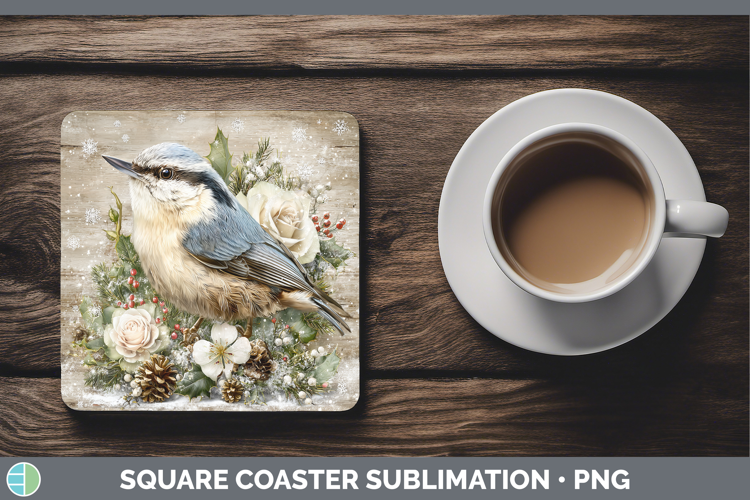 Nuthatch Birds 01 Rustic Christmas Square Coaster Sublimatio