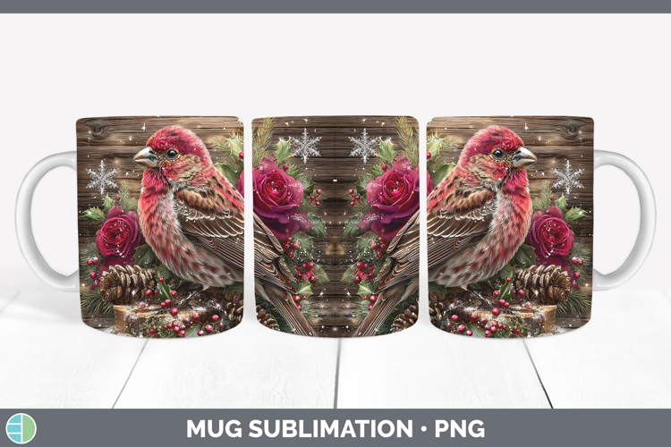 Pine Grosbeak Birds 01 Rustic Christmas Mug Wrap Sublimation