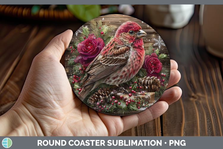 Pine Grosbeak Birds 01 Rustic Christmas Round Coaster Sublim