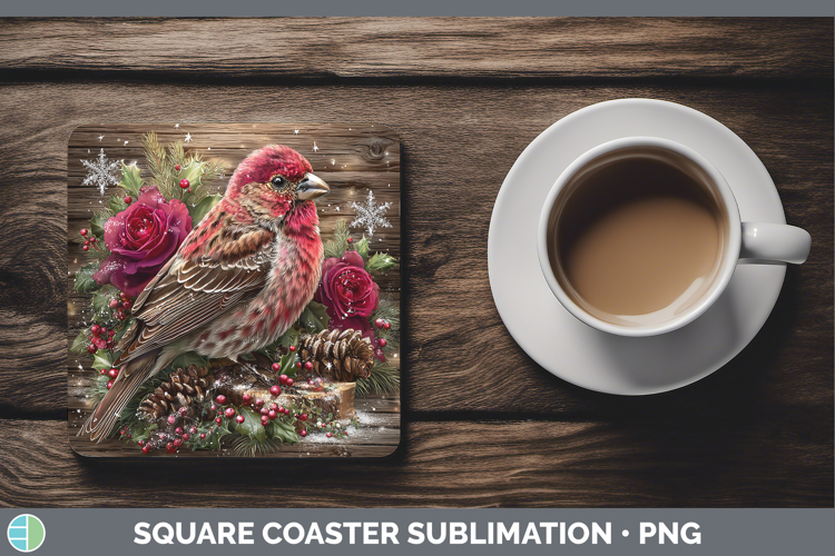 Pine Grosbeak Birds 01 Rustic Christmas Square Coaster Subli