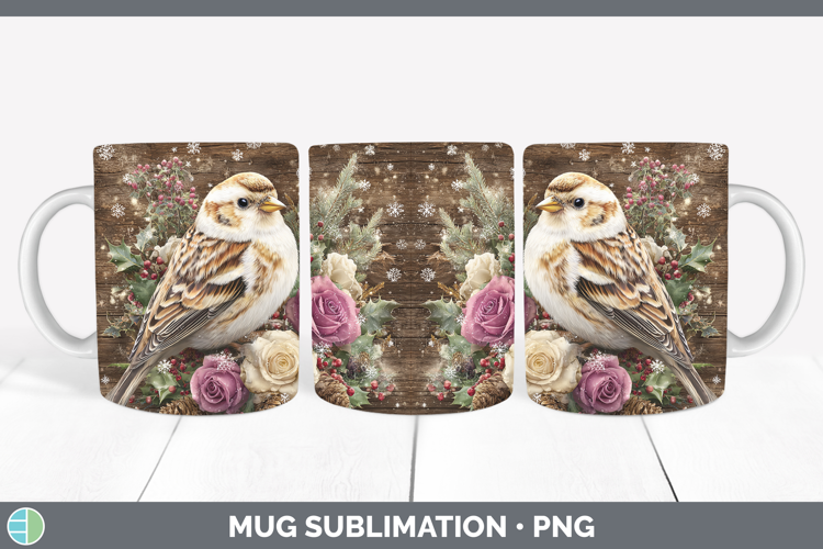 Snow Bunting Birds 01 Rustic Christmas Mug Wrap Sublimation