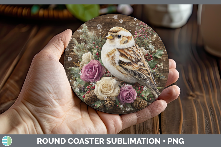 Snow Bunting Birds 01 Rustic Christmas Round Coaster Sublima