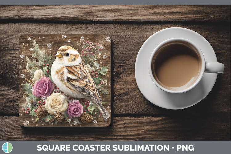 Snow Bunting Birds 01 Rustic Christmas Square Coaster Sublim