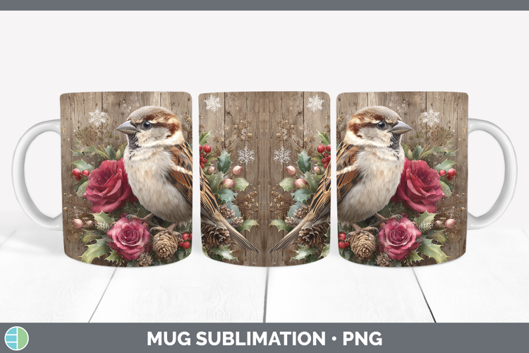 Sparrow Birds 01 Rustic Christmas Mug Wrap Sublimation Desig