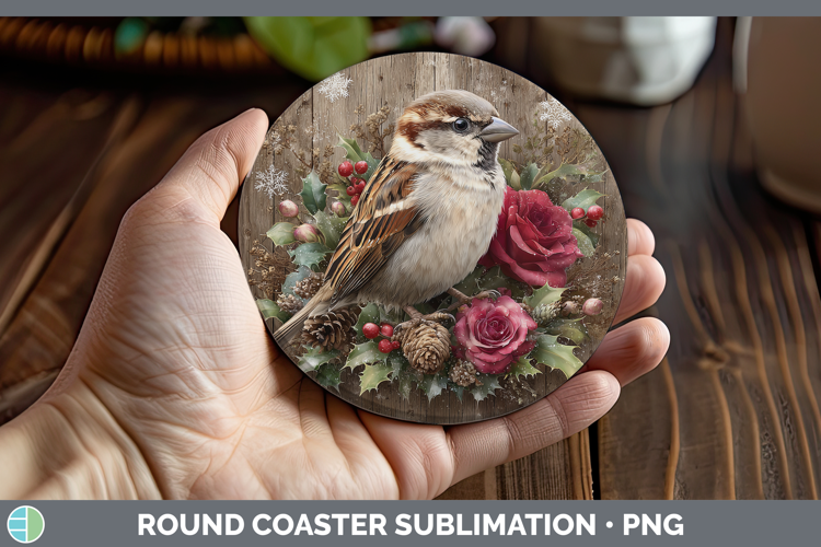 Sparrow Birds 01 Rustic Christmas Round Coaster Sublimation