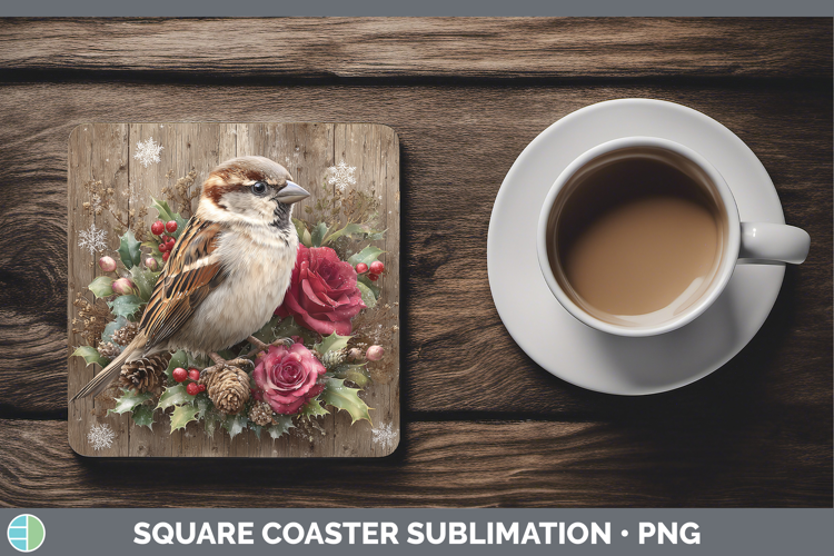 Sparrow Birds 01 Rustic Christmas Square Coaster Sublimation