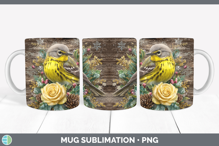 Warbler Birds 01 Rustic Christmas Mug Wrap Sublimation Desig