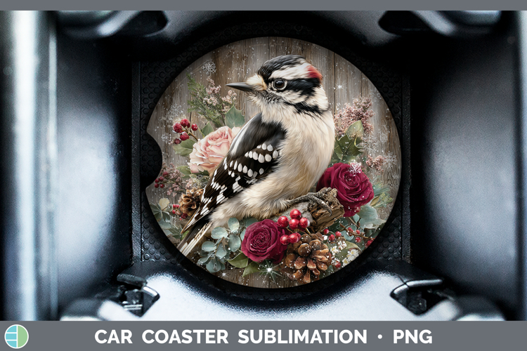 Woodpecker Birds 01 Rustic Christmas Car Coaster Sublimation