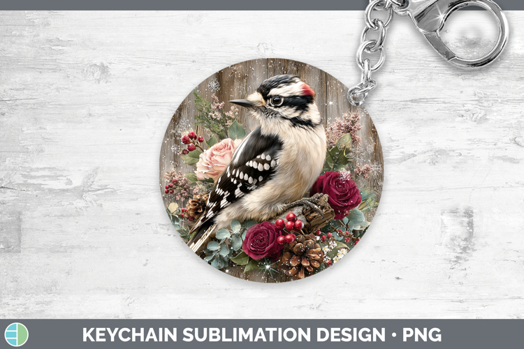 Woodpecker Birds 01 Rustic Christmas Keychain Sublimation De