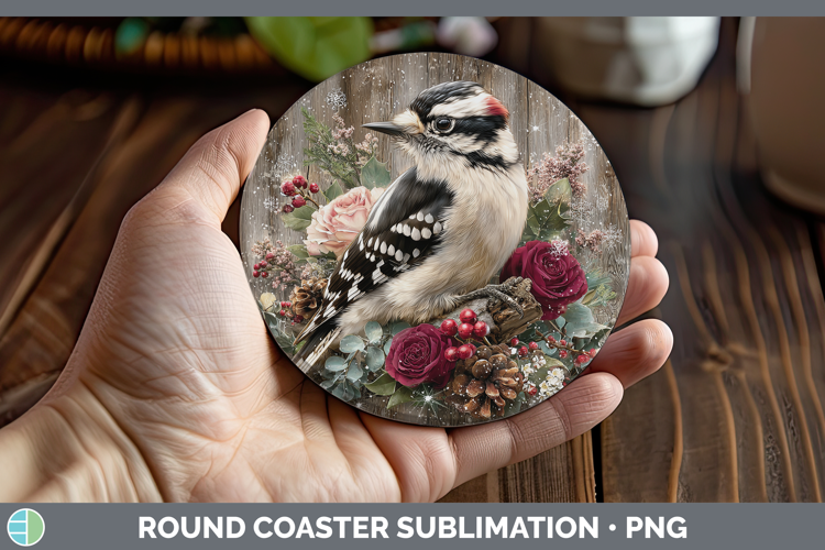 Woodpecker Birds 01 Rustic Christmas Round Coaster Sublimati