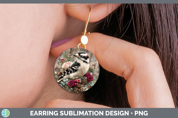 Woodpecker Birds 01 Rustic Christmas Round Earrings Sublimat