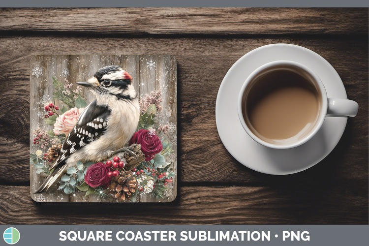 Woodpecker Birds 01 Rustic Christmas Square Coaster Sublimat