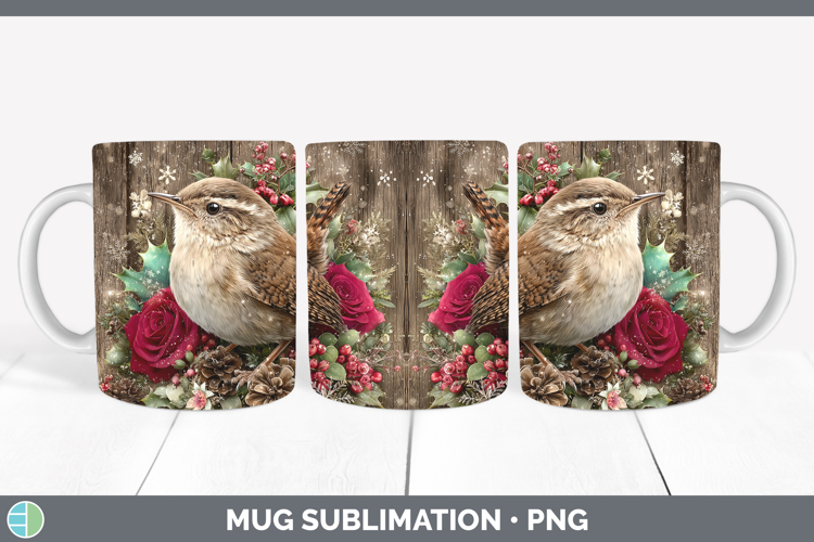 Wren Birds 01 Rustic Christmas Mug Wrap Sublimation Design