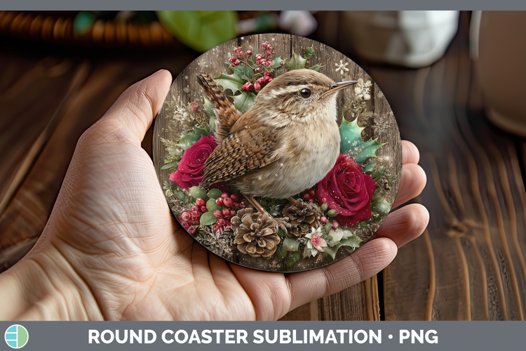 Wren Birds 01 Rustic Christmas Round Coaster Sublimation Des