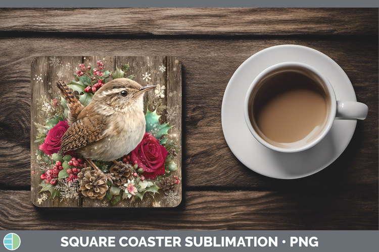 Wren Birds 01 Rustic Christmas Square Coaster Sublimation De