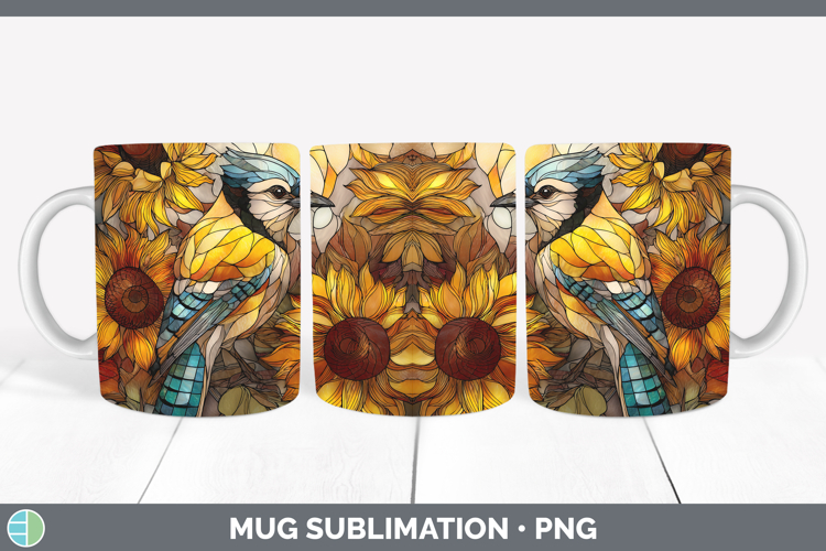 Blue Jay Mug Wrap Birds 01 Stained Glass Sunflower Sublimati