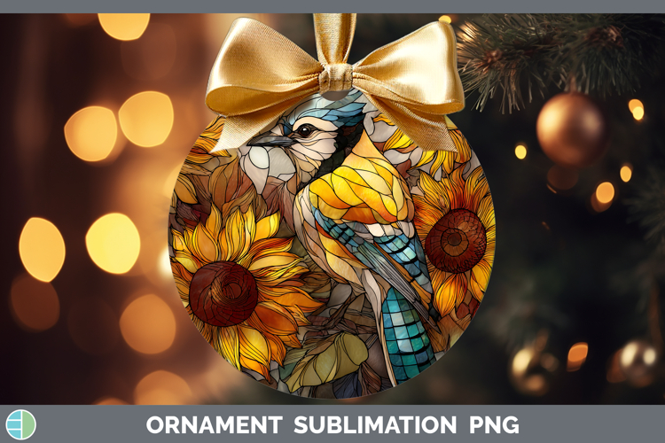 Blue Jay Ornament Birds 01 Stained Glass Sunflower Sublimati