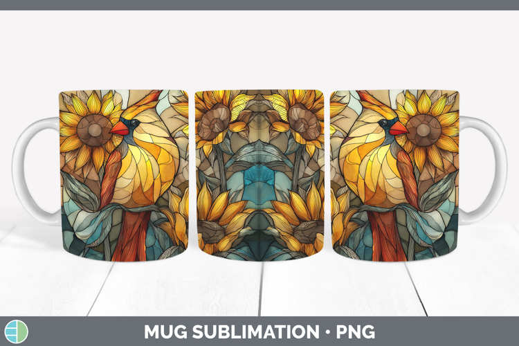 Cardinal Mug Wrap Birds 01 Stained Glass Sunflower Sublimati
