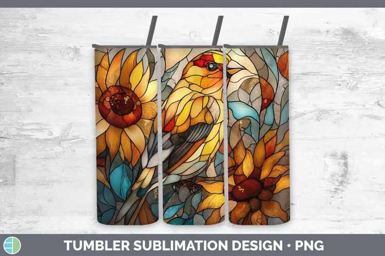 Goldfinch Tumbler Birds 01 Stained Glass Sunflower Sublimati